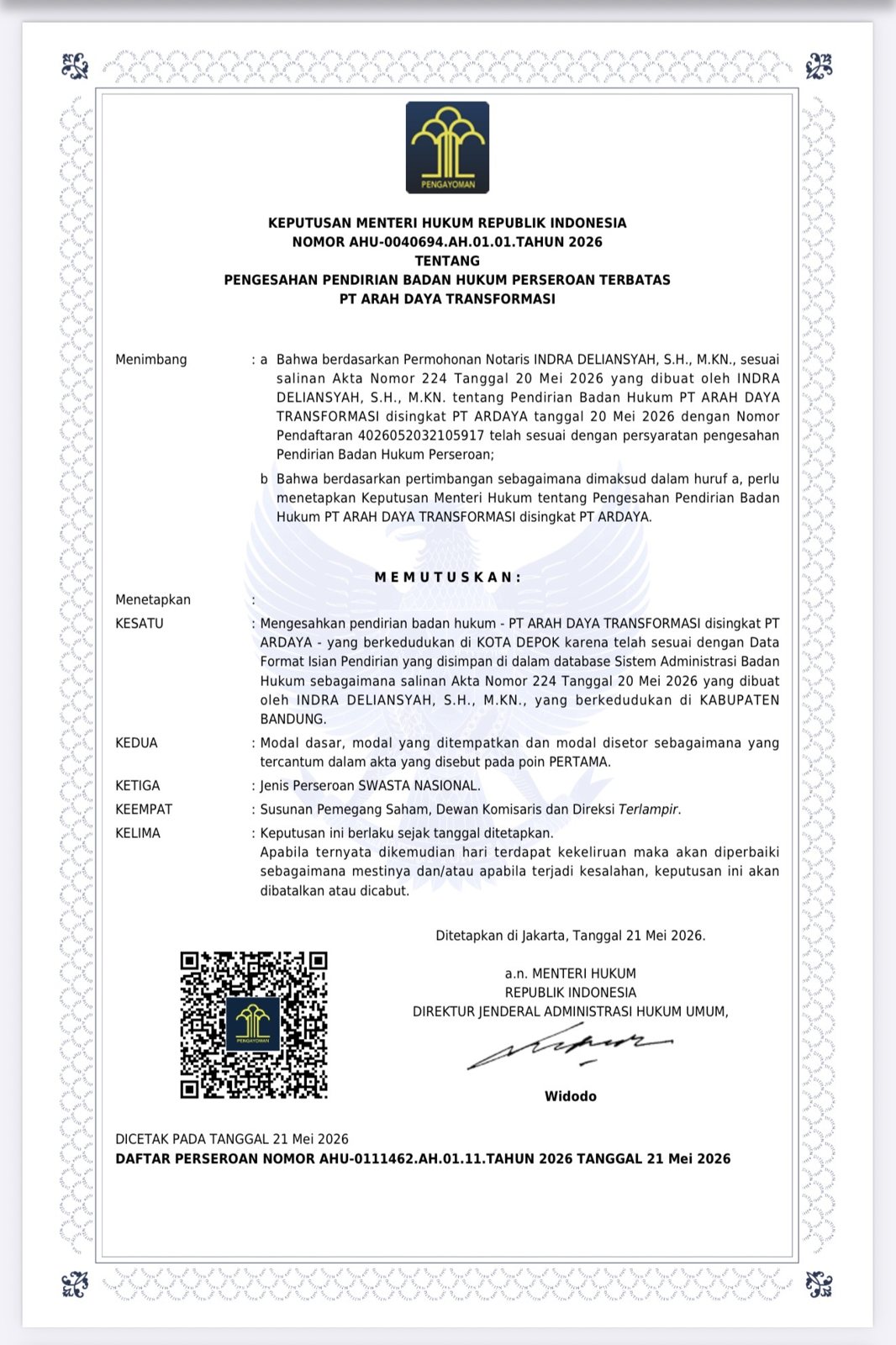 Legal permit from Ministry of Trade, Indonesia