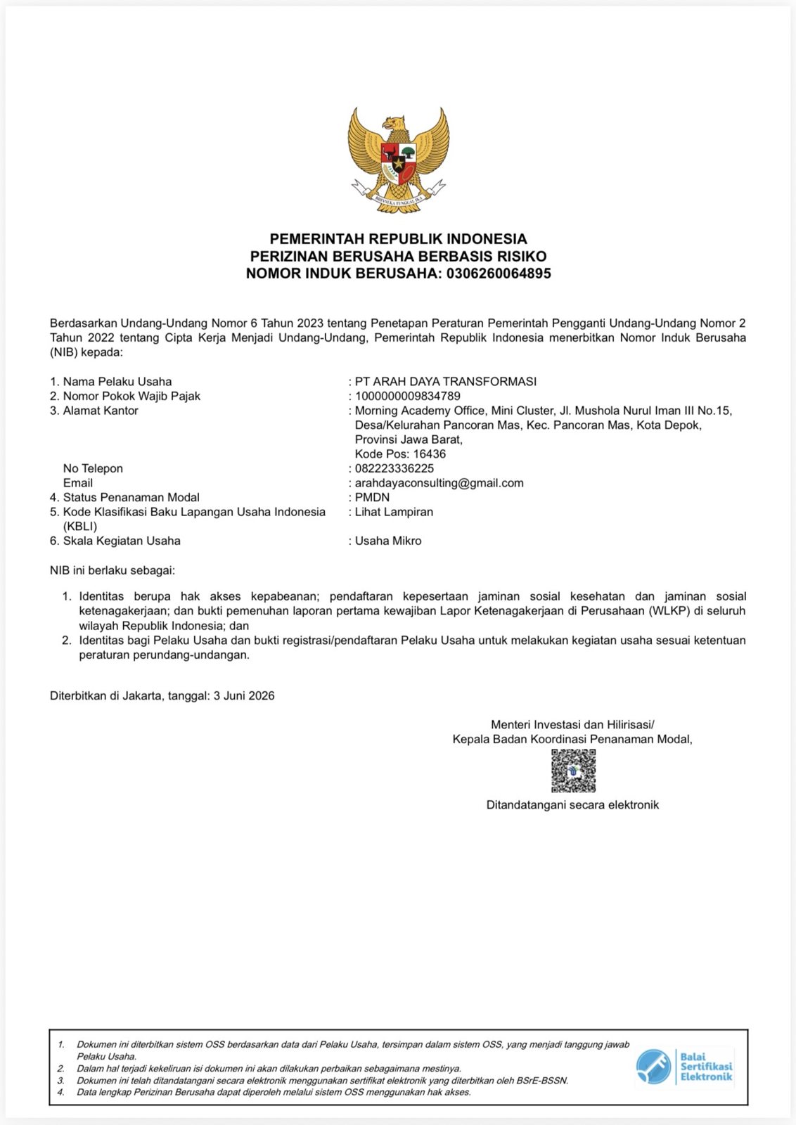 Ministry of Law decree for PT Arah Daya Transformasi